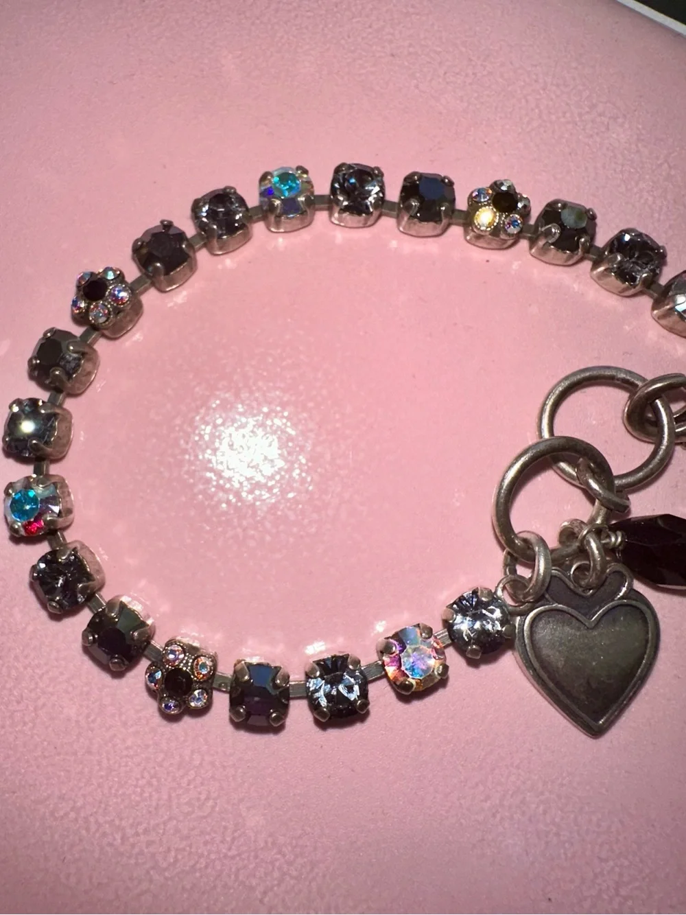 Mariana Silver,Black, Gray, ab, flower Swarovski Crystal Heart Charm Bracelet